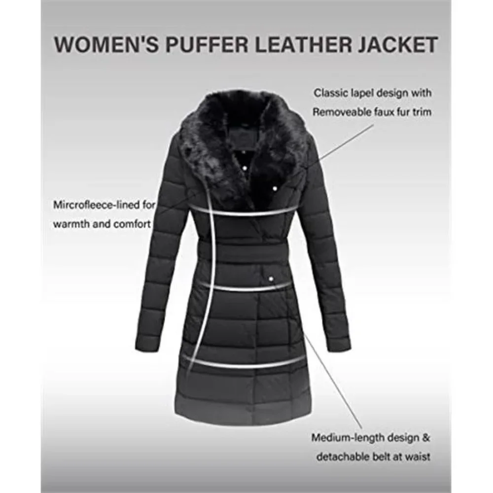 Women's Puffer Jacket Faux Leather Bubble Padding Sherpa-Lined Coat, Black - Picture 3 of 6